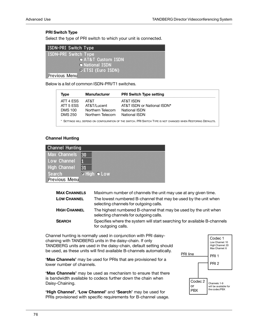 TANDBERG D5016402 user manual PRI Switch Type, Channel Hunting 