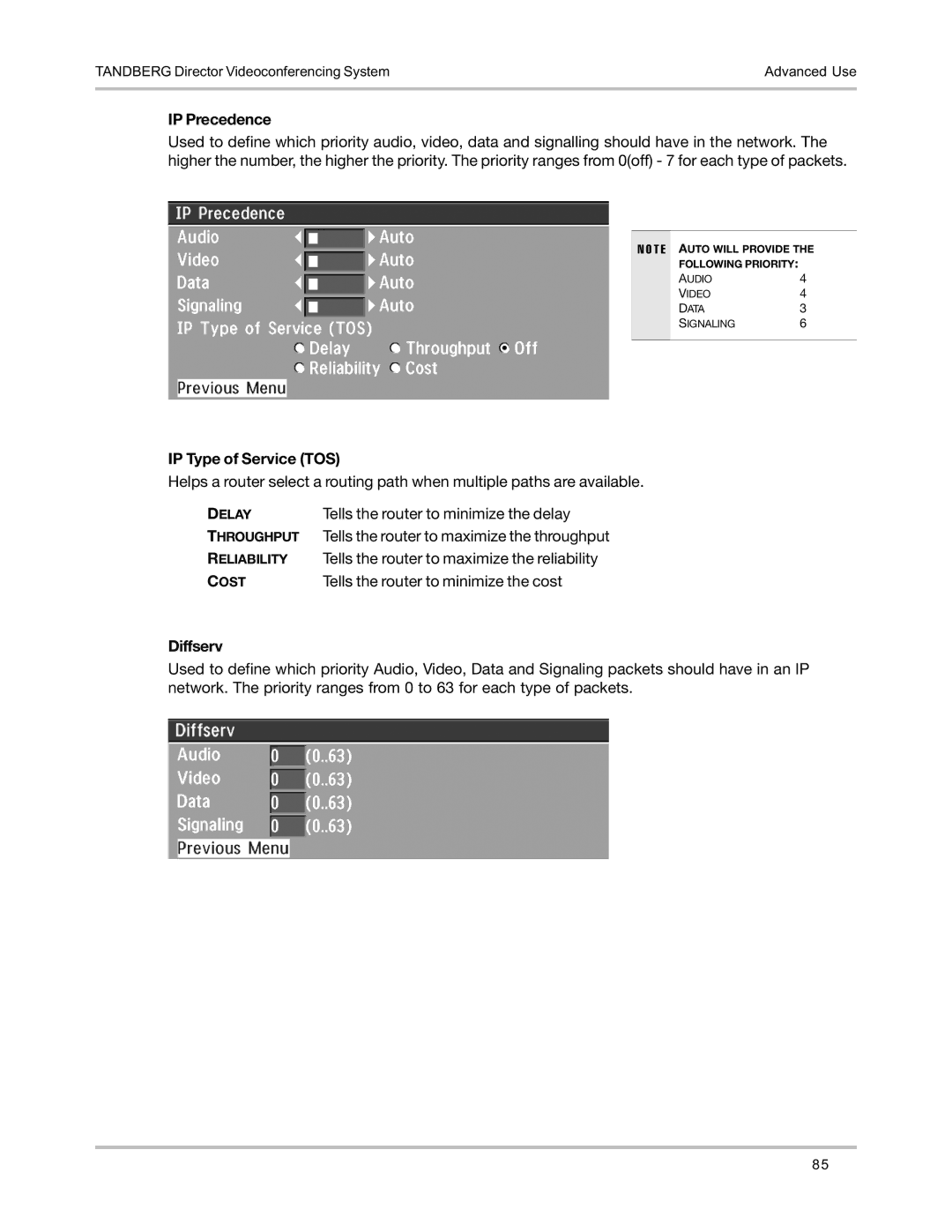 TANDBERG D5016402 user manual IP Precedence, IP Type of Service TOS, Tells the router to minimize the delay, Diffserv 