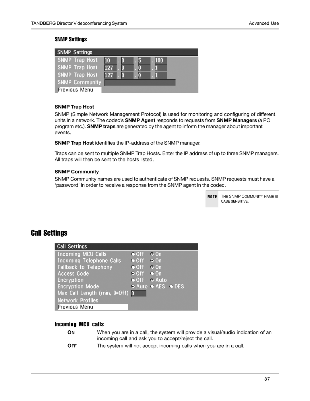 TANDBERG D5016402 user manual Call Settings, Snmp Settings, Incoming MCU calls, Snmp Trap Host, Snmp Community 