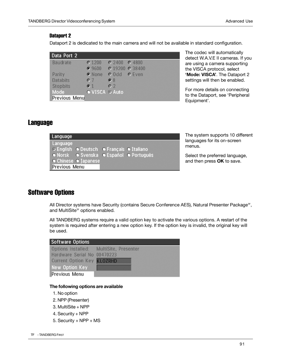 TANDBERG D5016402 user manual Language, Software Options, Following options are available 