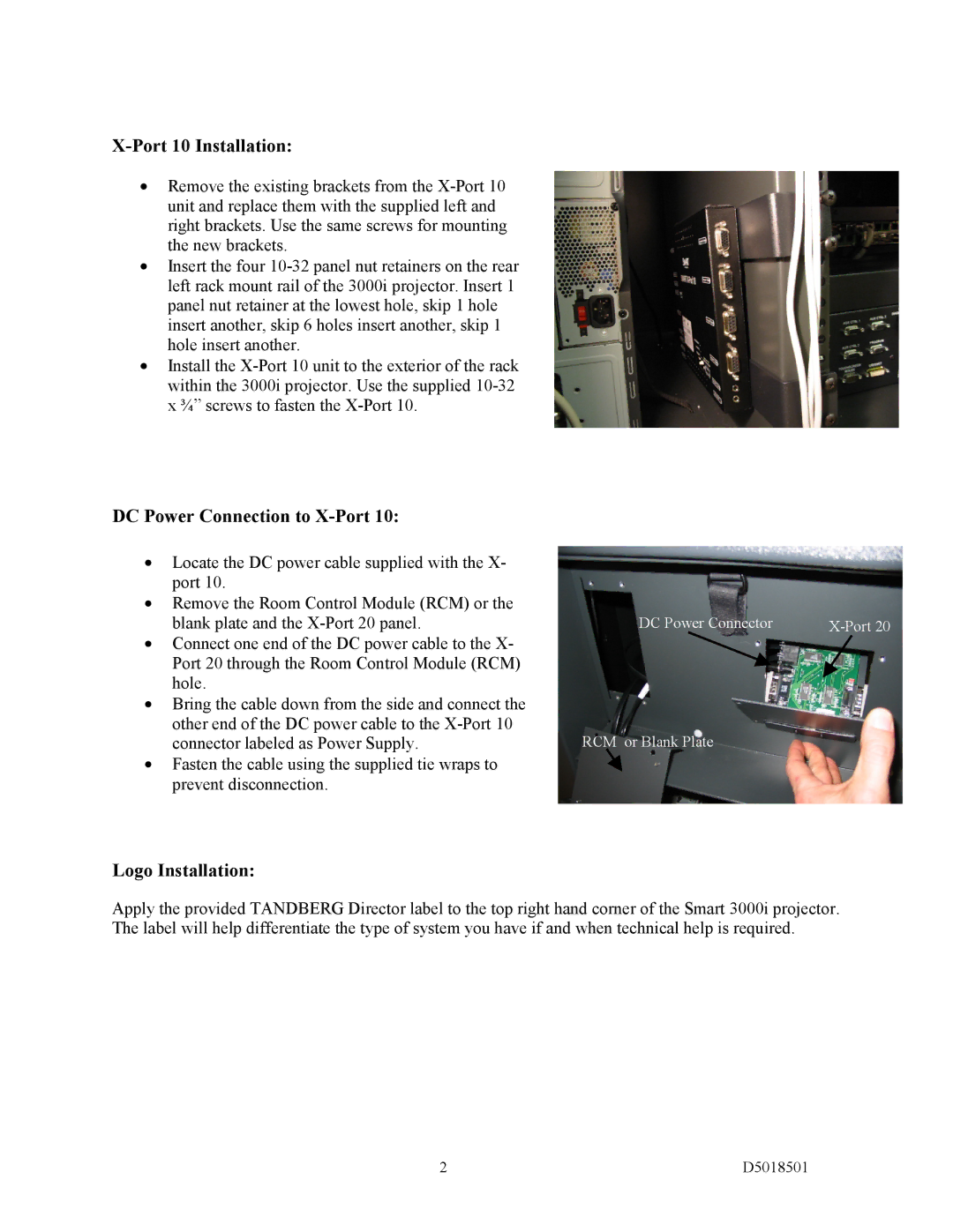 TANDBERG D5018501 instruction sheet Port 10 Installation, DC Power Connection to X-Port, Logo Installation 