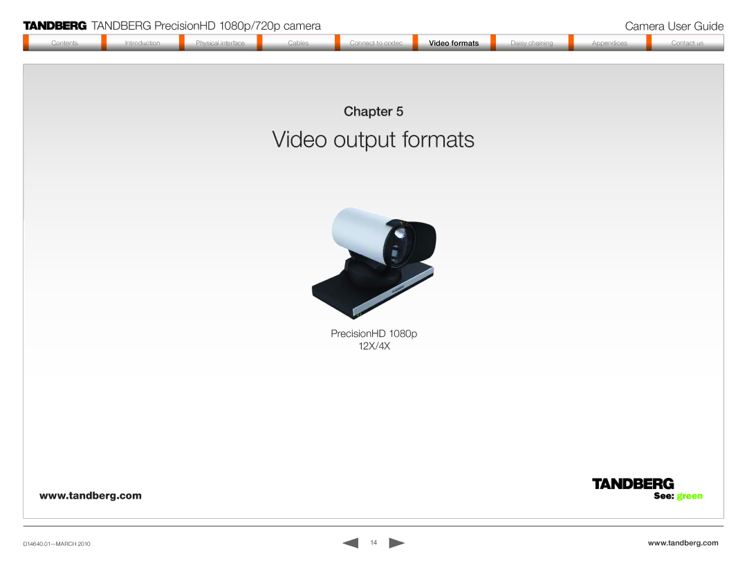 Tandberg Data 1080P manual Video output formats, Chapter 