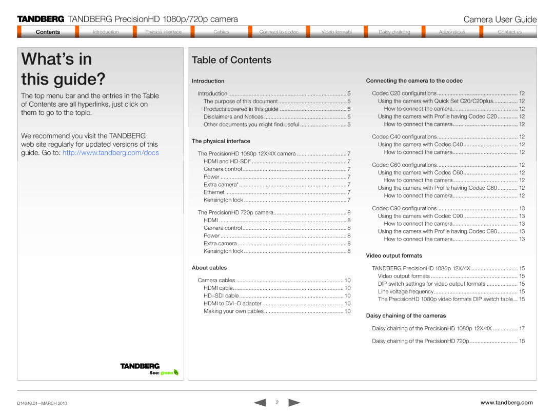 Tandberg Data 1080P manual This guide?, Table of Contents 