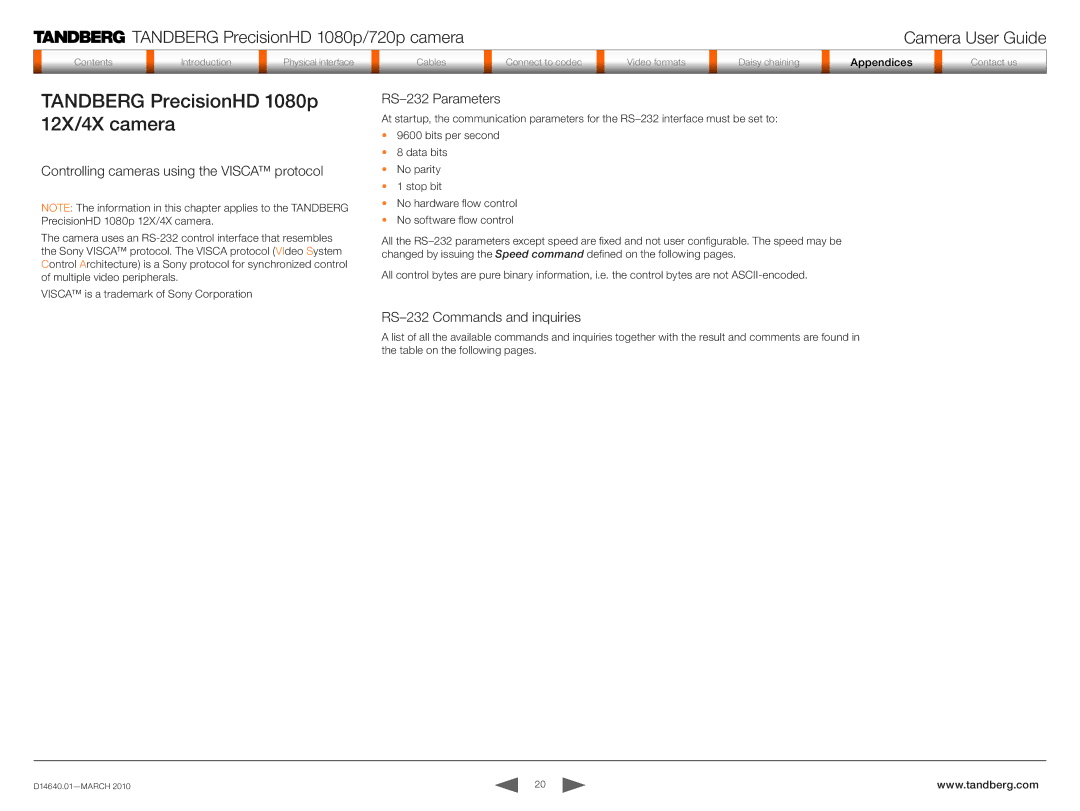 Tandberg Data 1080P manual Tandberg PrecisionHD 1080p 12X/4X camera, Controlling cameras using the Visca protocol 
