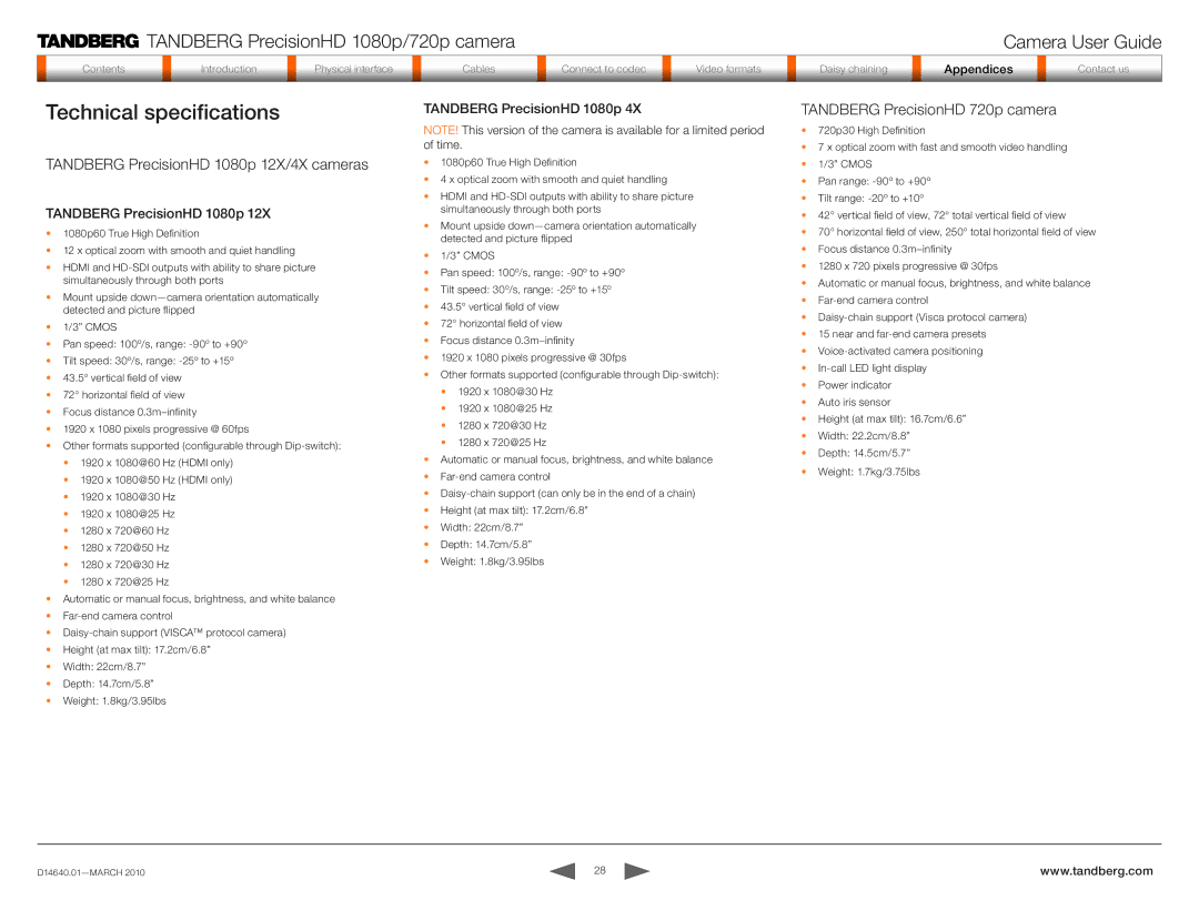 Tandberg Data 1080P Technical specifications, Tandberg PrecisionHD 1080p 12X/4X cameras, Tandberg PrecisionHD 720p camera 