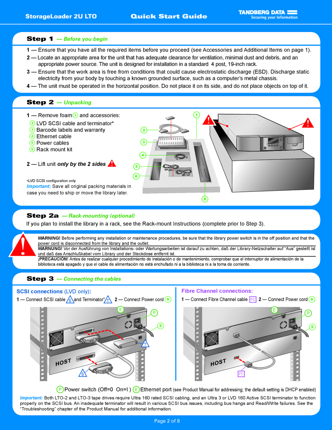 Tandberg Data 2U LTO quick start Before you begin, Unpacking, Lift unit only by the 2 sides, Rack-mounting optional 