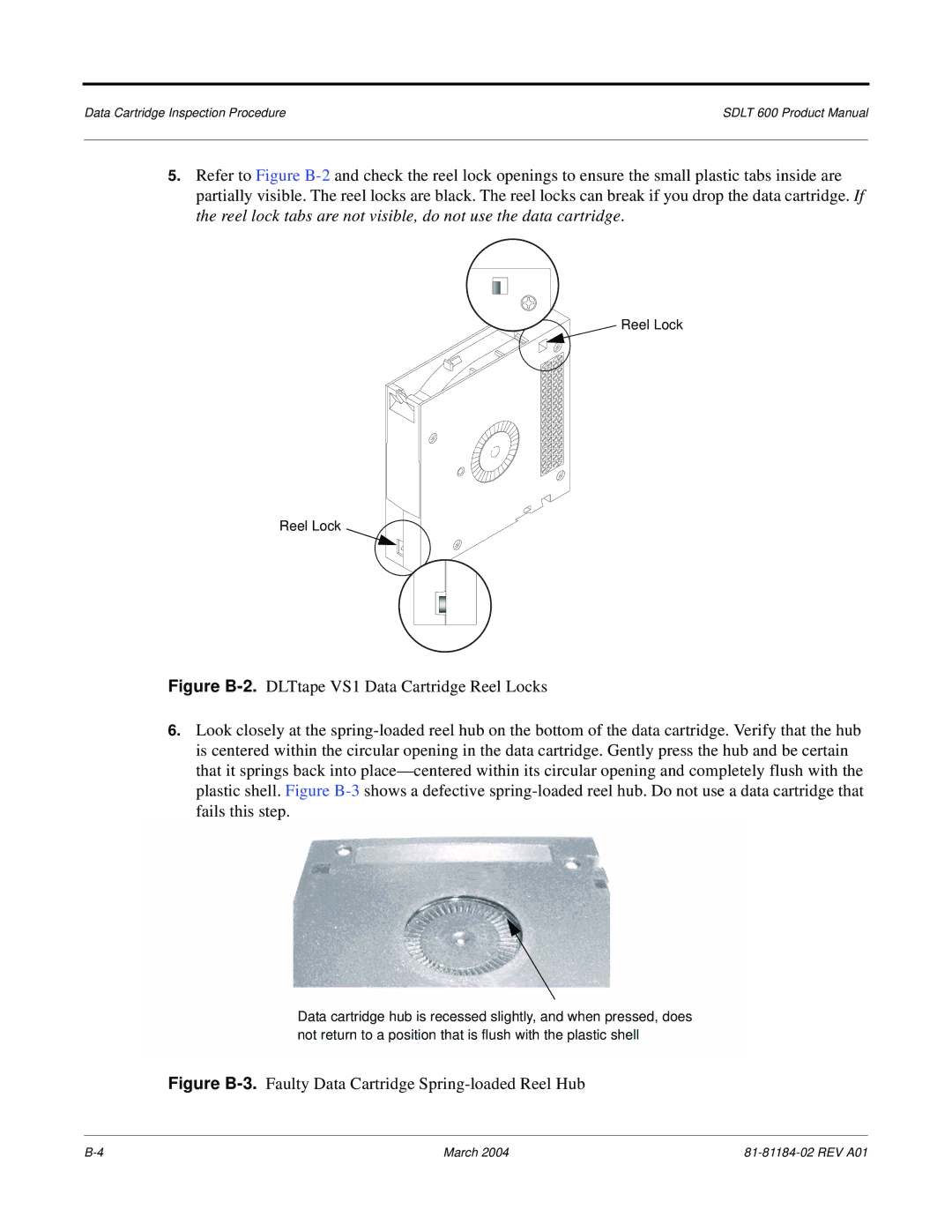 Tandberg Data 600 manual Figure B-3.Faulty Data Cartridge Spring-loaded Reel Hub 