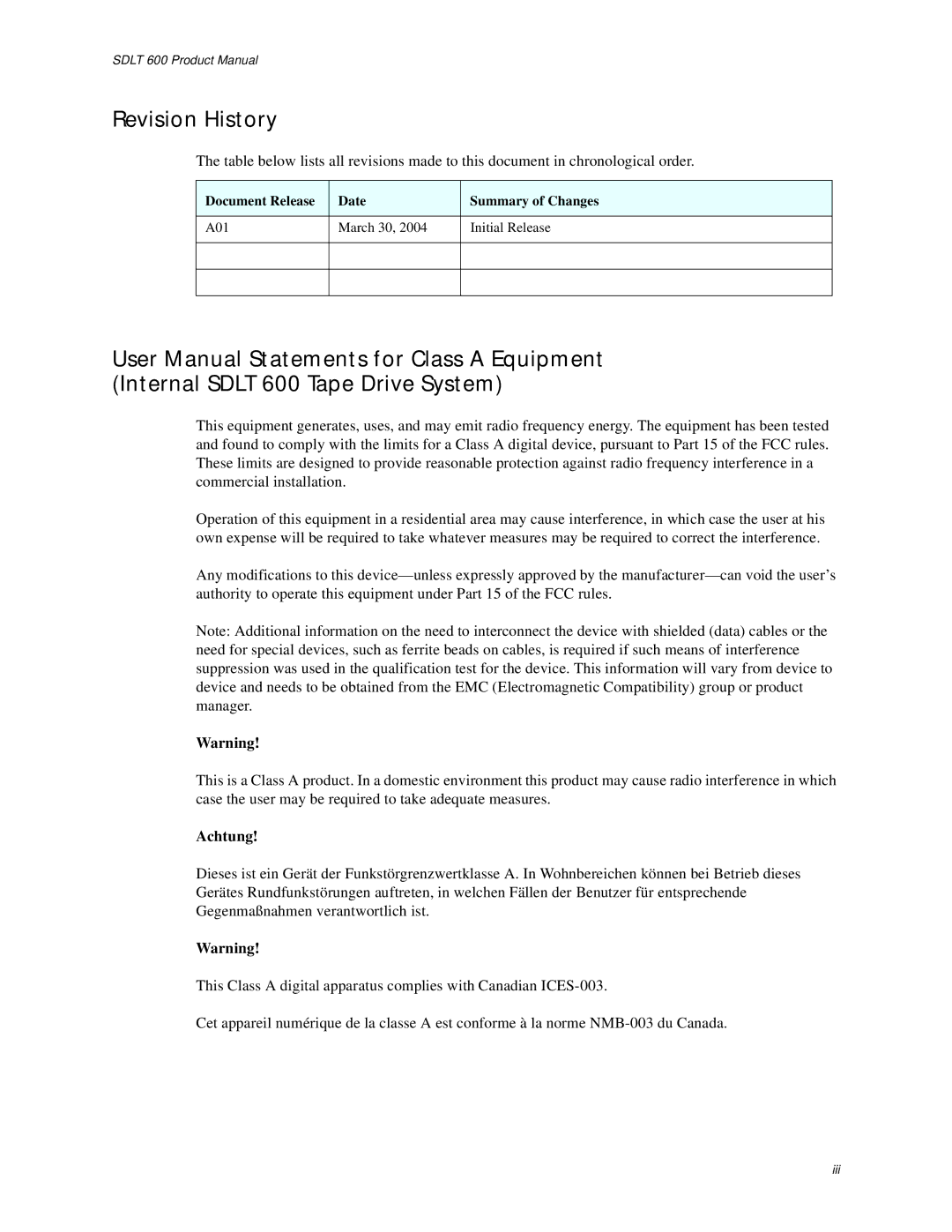 Tandberg Data 600 manual Revision History, Achtung 