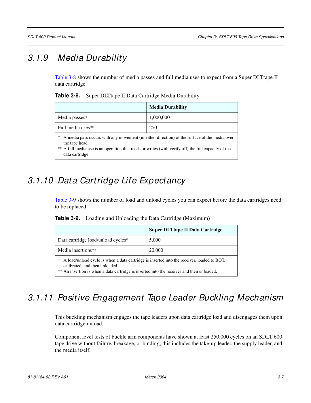 Tandberg Data 600 manual Media Durability, Data Cartridge Life Expectancy, Super DLTtape II Data Cartridge 