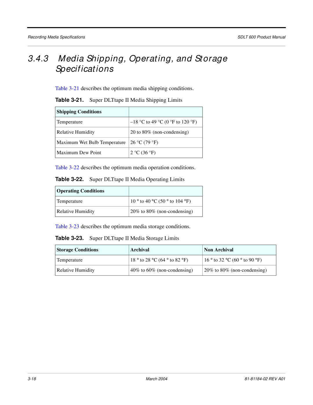 Tandberg Data 600 manual Media Shipping, Operating, and Storage Specifications, Shipping Conditions, Operating Conditions 