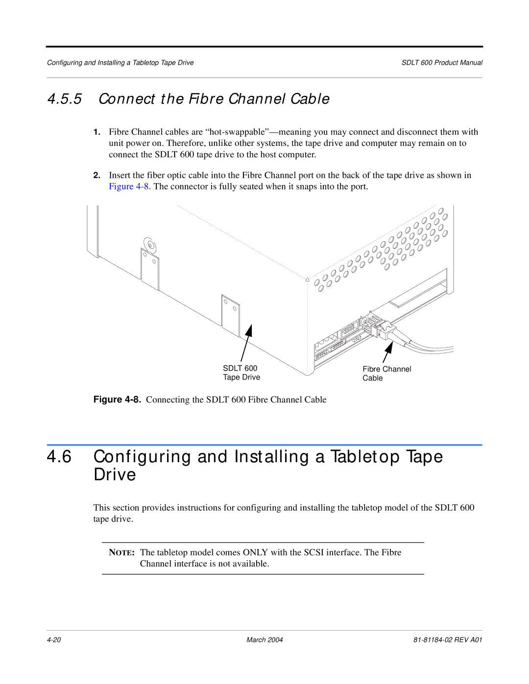 Tandberg Data 600 manual Configuring and Installing a Tabletop Tape Drive, Connect the Fibre Channel Cable 