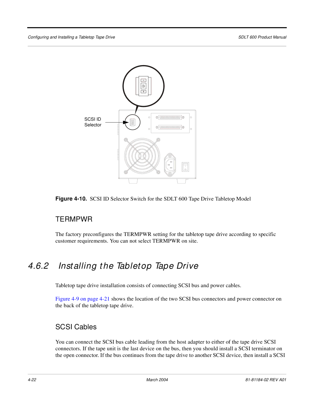 Tandberg Data 600 manual Installing the Tabletop Tape Drive, Termpwr 