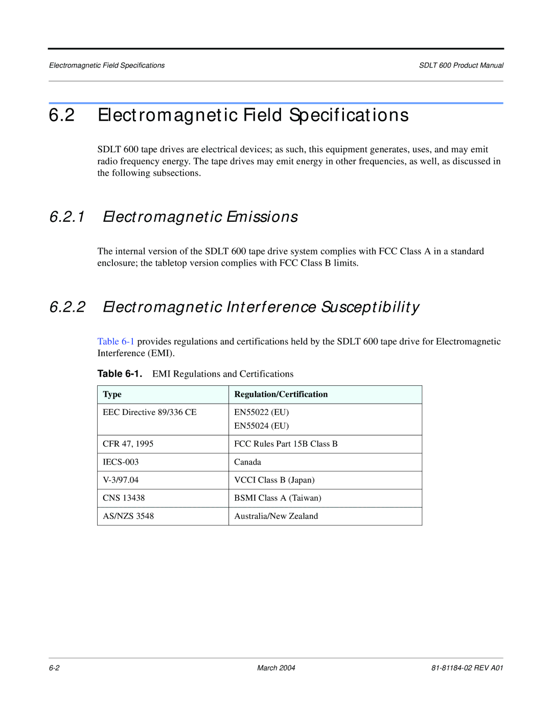 Tandberg Data 600 manual Electromagnetic Field Specifications, Electromagnetic Emissions, Type Regulation/Certification 