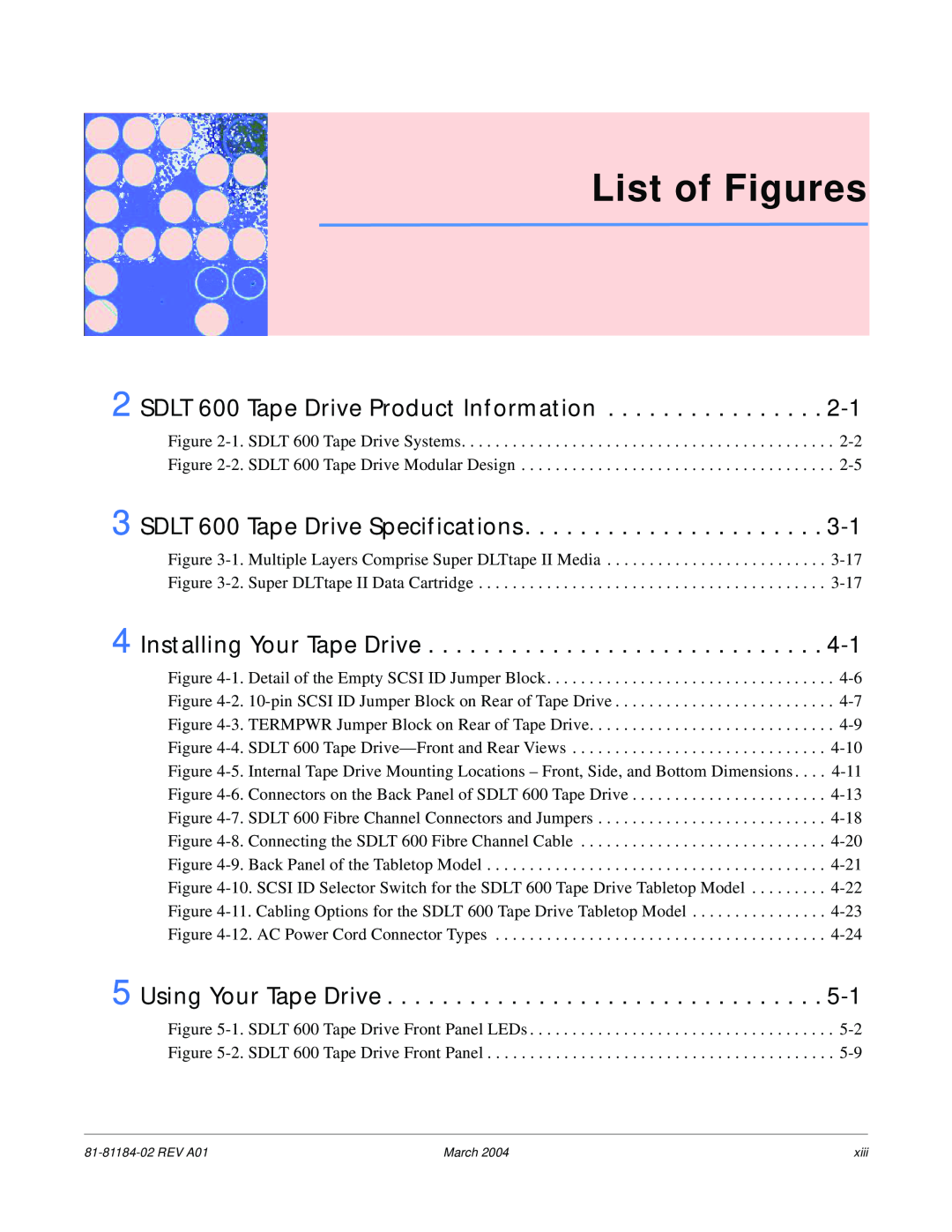 Tandberg Data manual List of Figures, SDLT 600 Tape Drive Product Information, SDLT 600 Tape Drive Specifications 
