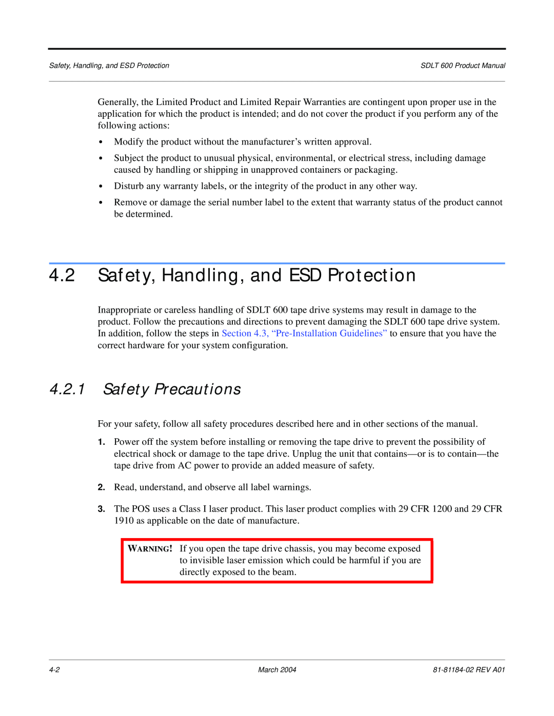 Tandberg Data 600 manual Safety, Handling, and ESD Protection, Safety Precautions 