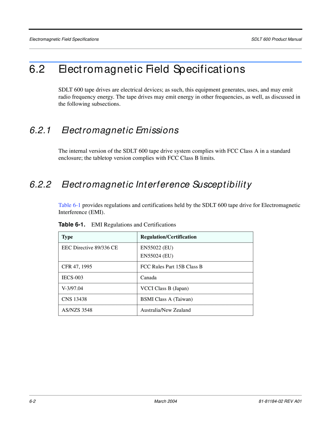 Tandberg Data 600 manual Electromagnetic Field Specifications, Electromagnetic Emissions 