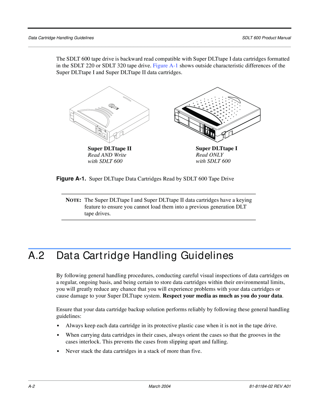 Tandberg Data 600 manual A.2 Data Cartridge Handling Guidelines, Super DLTtape 