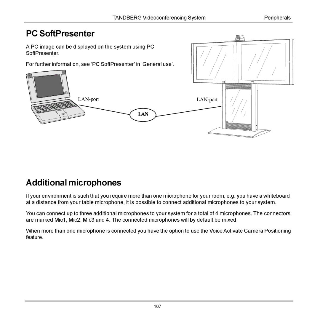 Tandberg Data 7000 manual PC SoftPresenter, Additional microphones 