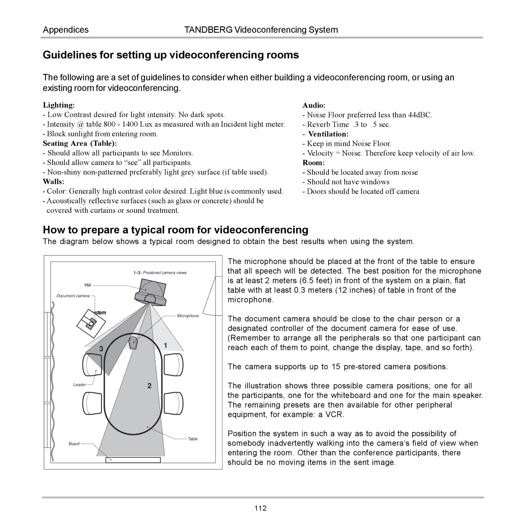 Tandberg Data 7000 Guidelines for setting up videoconferencing rooms, How to prepare a typical room for videoconferencing 