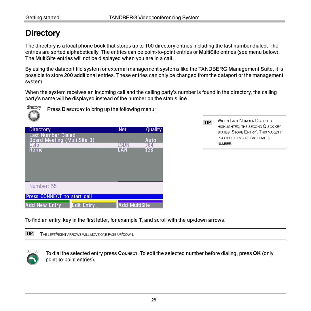 Tandberg Data 7000 manual Directory, Press D Irectory to bring up the following menu 