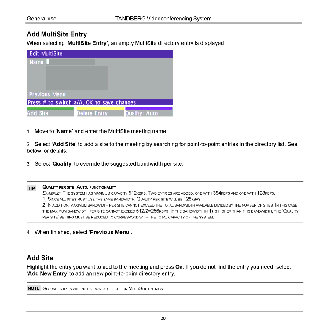 Tandberg Data 7000 manual Add MultiSite Entry, Add Site 