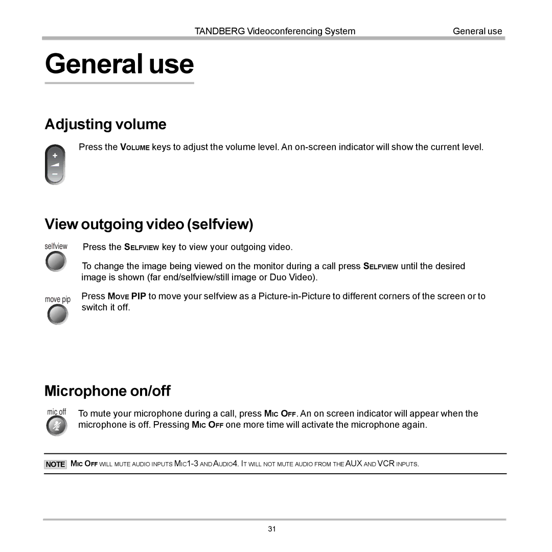 Tandberg Data 7000 manual General use, Adjusting volume, View outgoing video selfview, Microphone on/off 