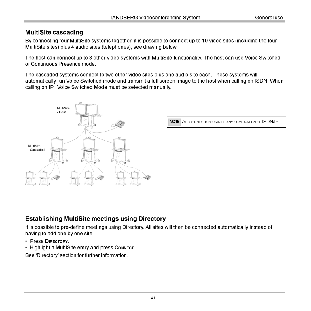 Tandberg Data 7000 manual MultiSite cascading, Establishing MultiSite meetings using Directory 