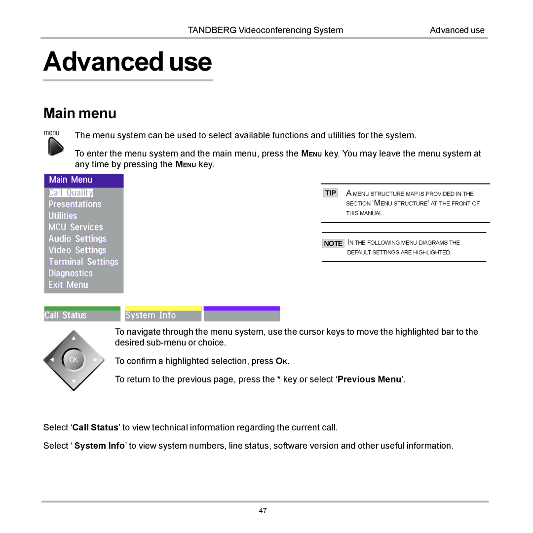 Tandberg Data 7000 manual Advanced use, Main menu 