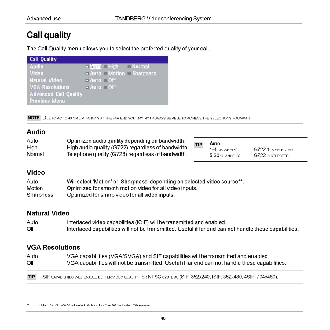 Tandberg Data 7000 manual Call quality, Audio, Natural Video, VGA Resolutions 