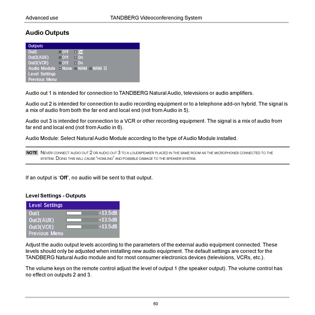 Tandberg Data 7000 manual Audio Outputs 