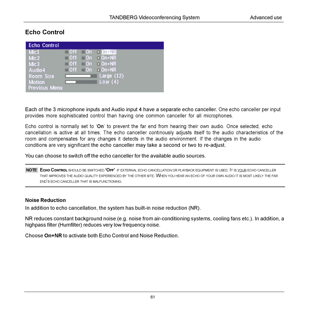 Tandberg Data 7000 manual Echo Control 