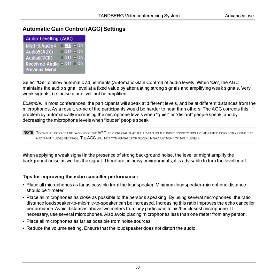 Tandberg Data 7000 manual Automatic Gain Control AGC Settings 