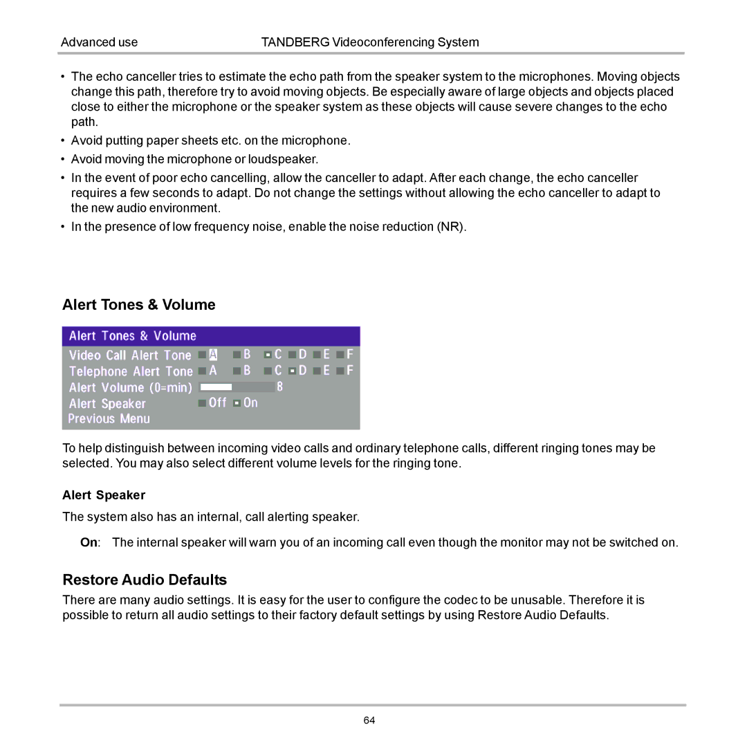 Tandberg Data 7000 manual Alert Tones & Volume, Restore Audio Defaults 