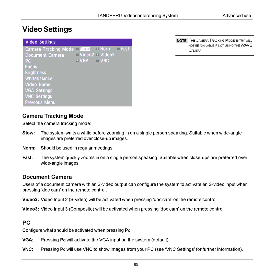 Tandberg Data 7000 manual Video Settings, Camera Tracking Mode, Document Camera 