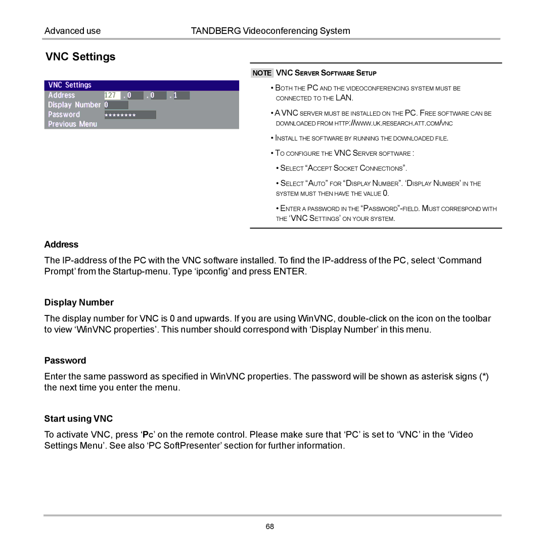 Tandberg Data 7000 manual VNC Settings 