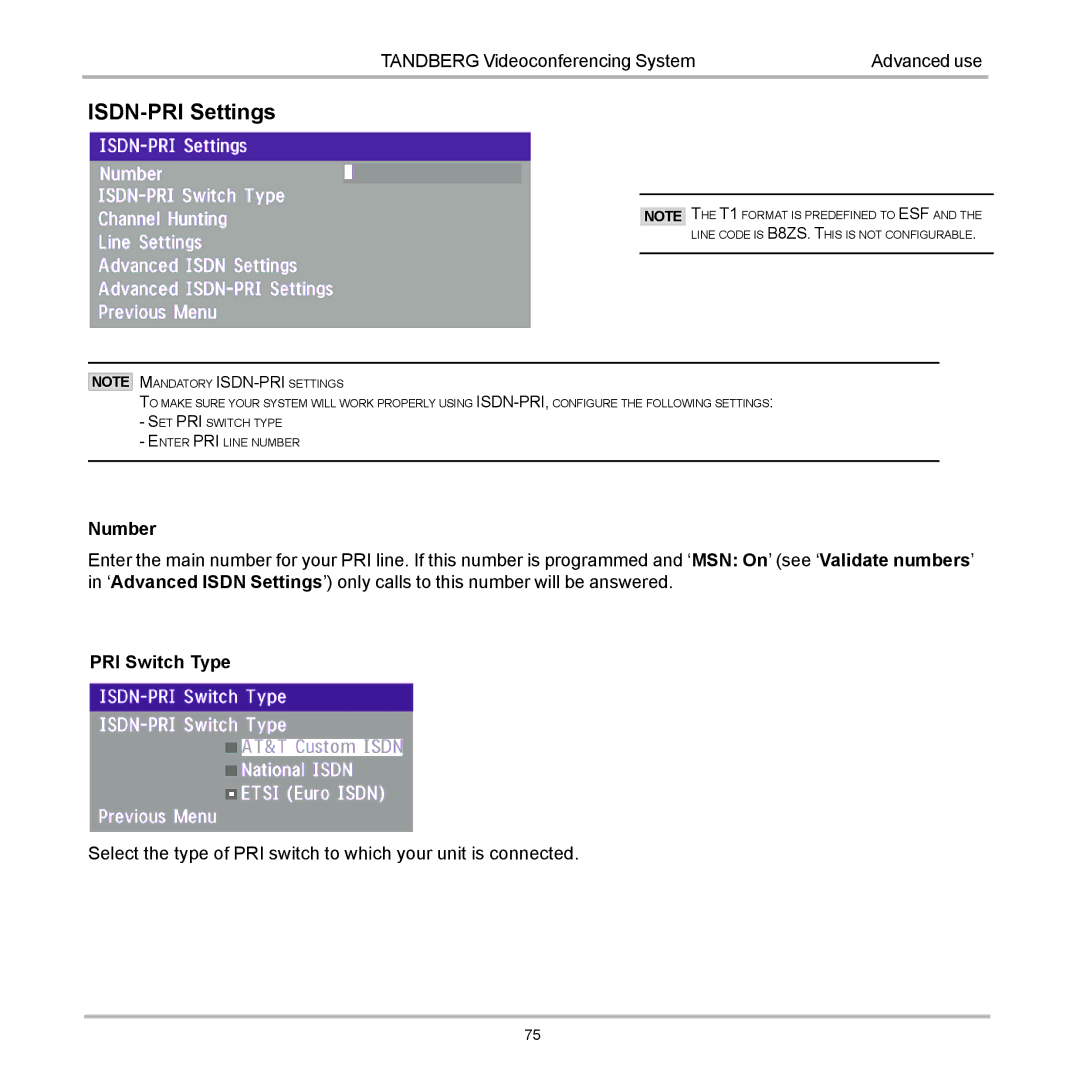 Tandberg Data 7000 manual ISDN-PRI Settings 