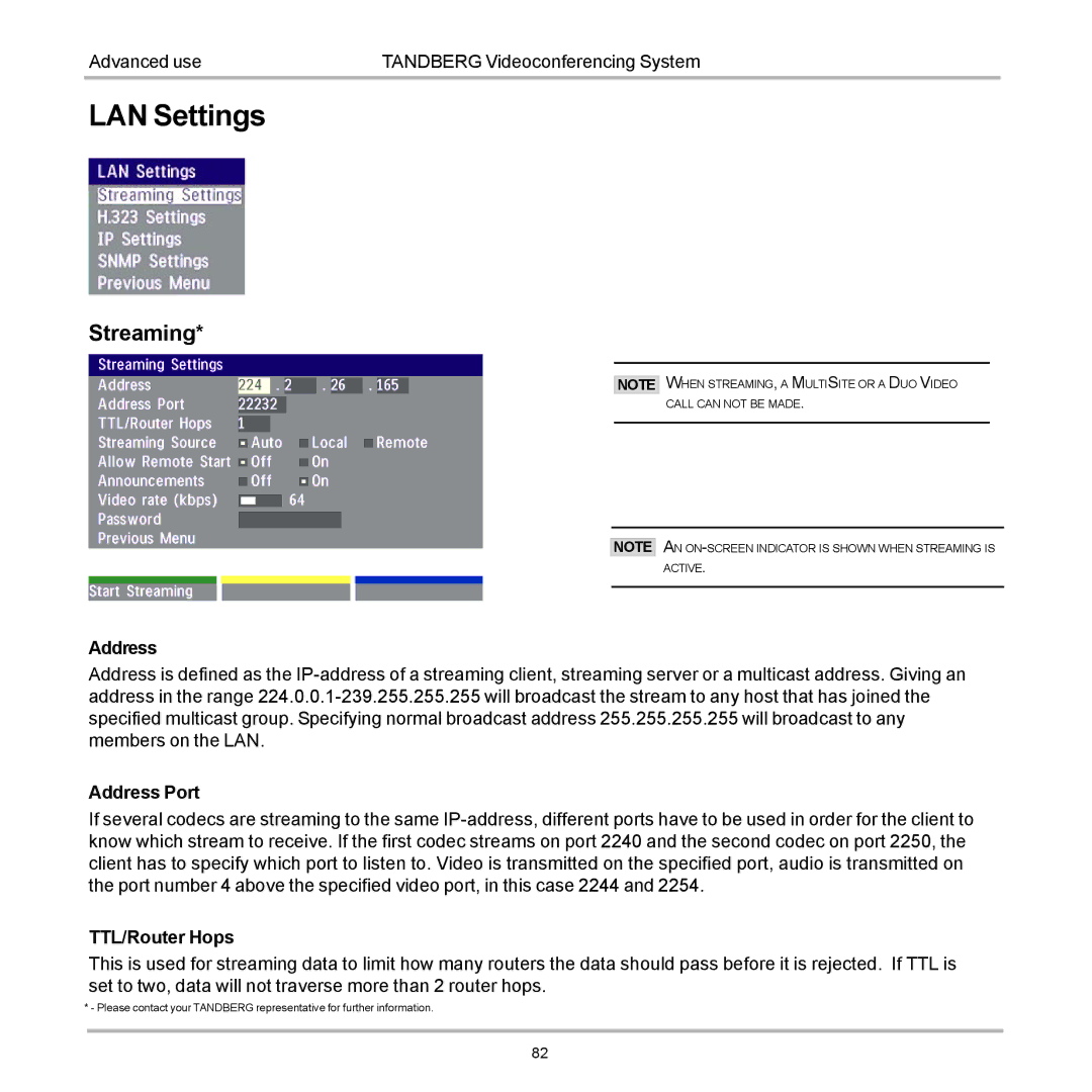 Tandberg Data 7000 manual LAN Settings, Streaming 