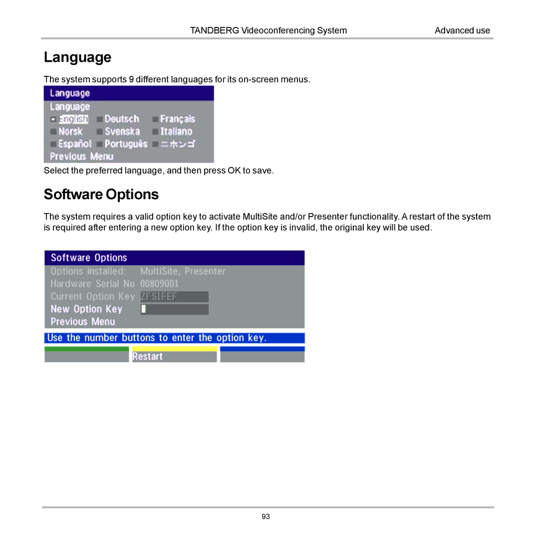 Tandberg Data 7000 manual Language, Software Options 