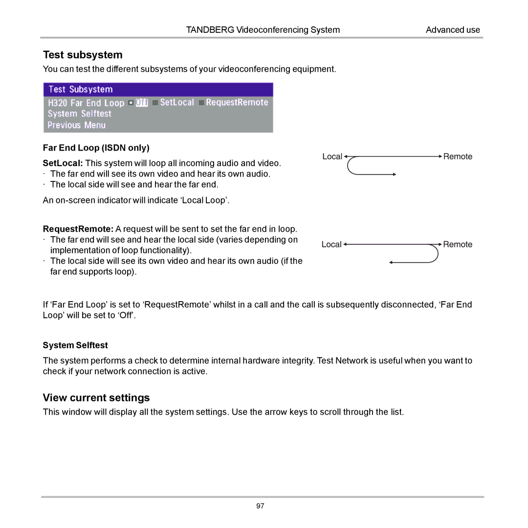 Tandberg Data 7000 manual Test subsystem, View current settings 