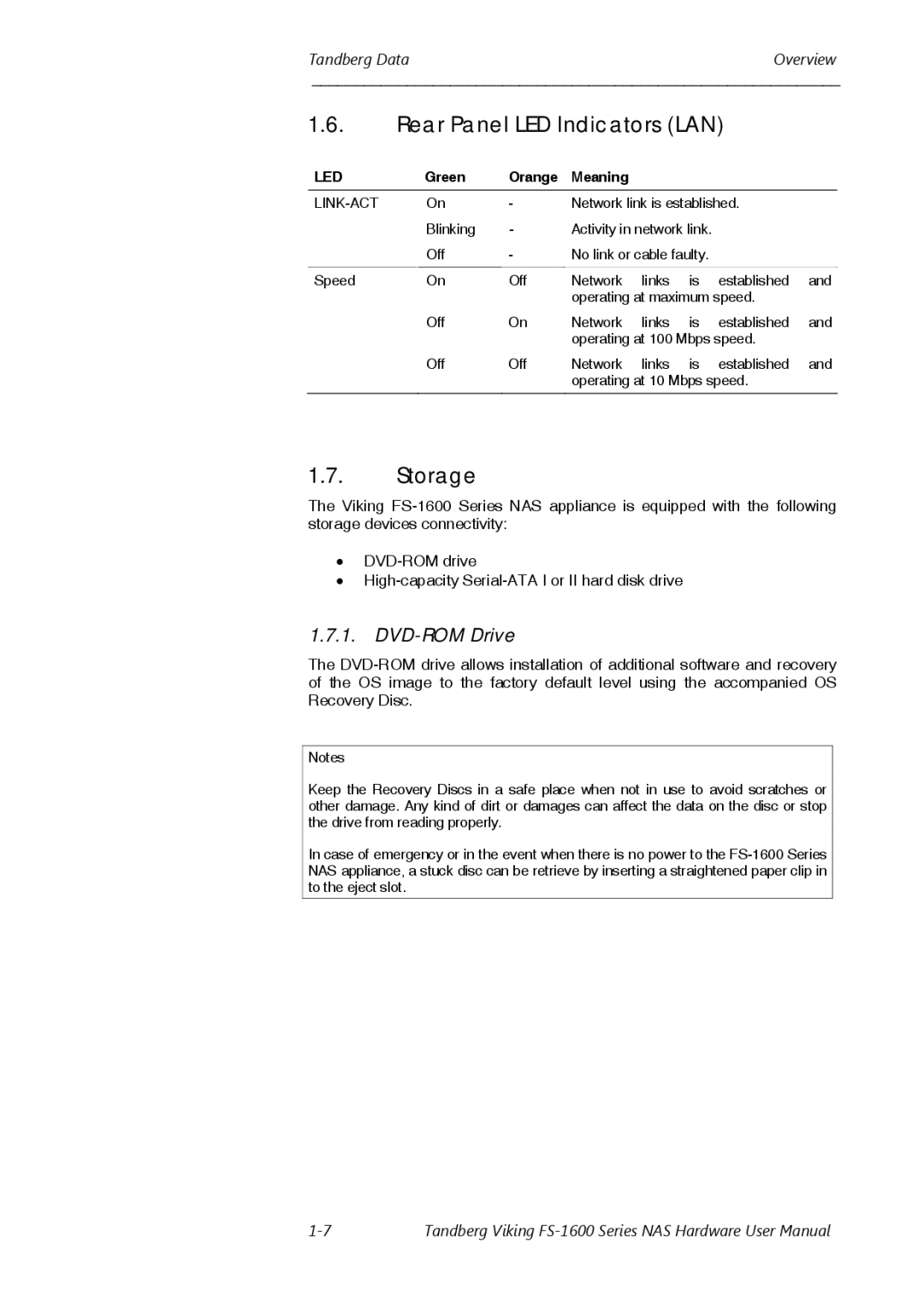 Tandberg Data FS-1600, FS-1610 user manual Rear Panel LED Indicators LAN, Storage, DVD-ROM Drive 