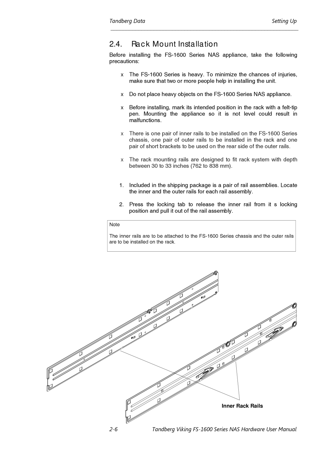 Tandberg Data FS-1610, FS-1600 user manual Rack Mount Installation, Inner Rack Rails 