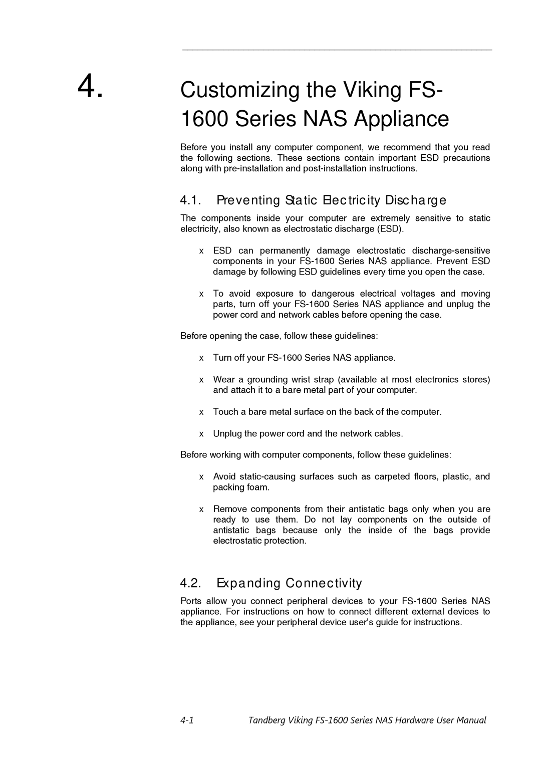 Tandberg Data FS-1600, FS-1610 Customizing the Viking FS Series NAS Appliance, Preventing Static Electricity Discharge 