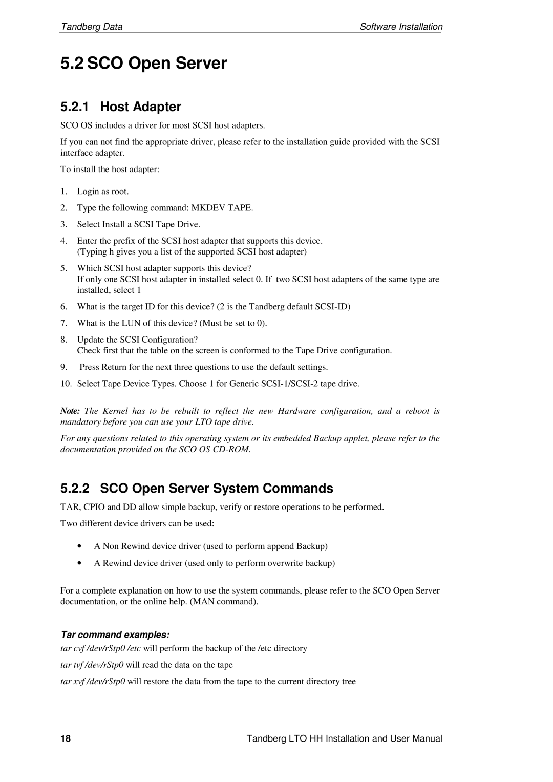 Tandberg Data LTO-2 HH, LTO-3 HH, LTO-1 HH Host Adapter, SCO Open Server System Commands, Tar command examples 