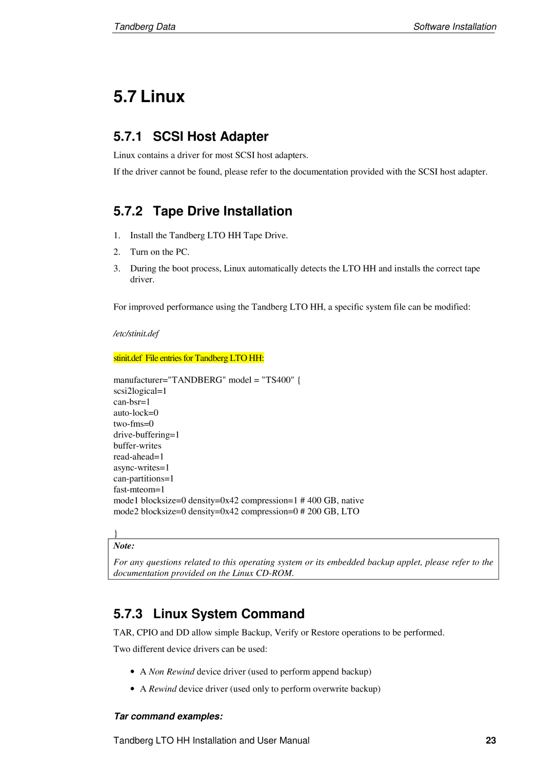 Tandberg Data LTO-3 HH, LTO-2 HH, LTO-1 HH user manual Scsi Host Adapter, Linux System Command 