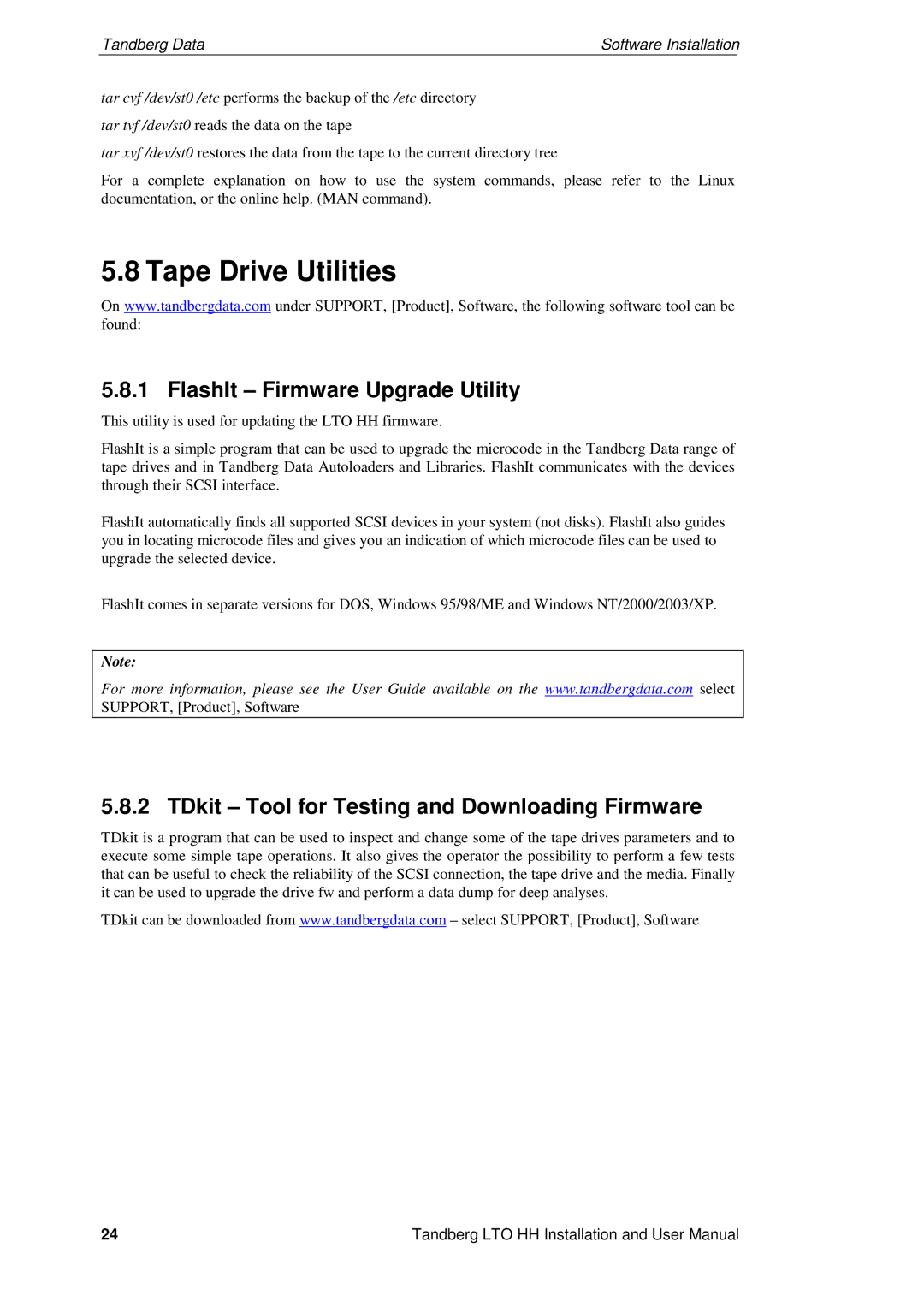 Tandberg Data LTO-2 HH, LTO-3 HH, LTO-1 HH user manual Tape Drive Utilities, FlashIt Firmware Upgrade Utility 