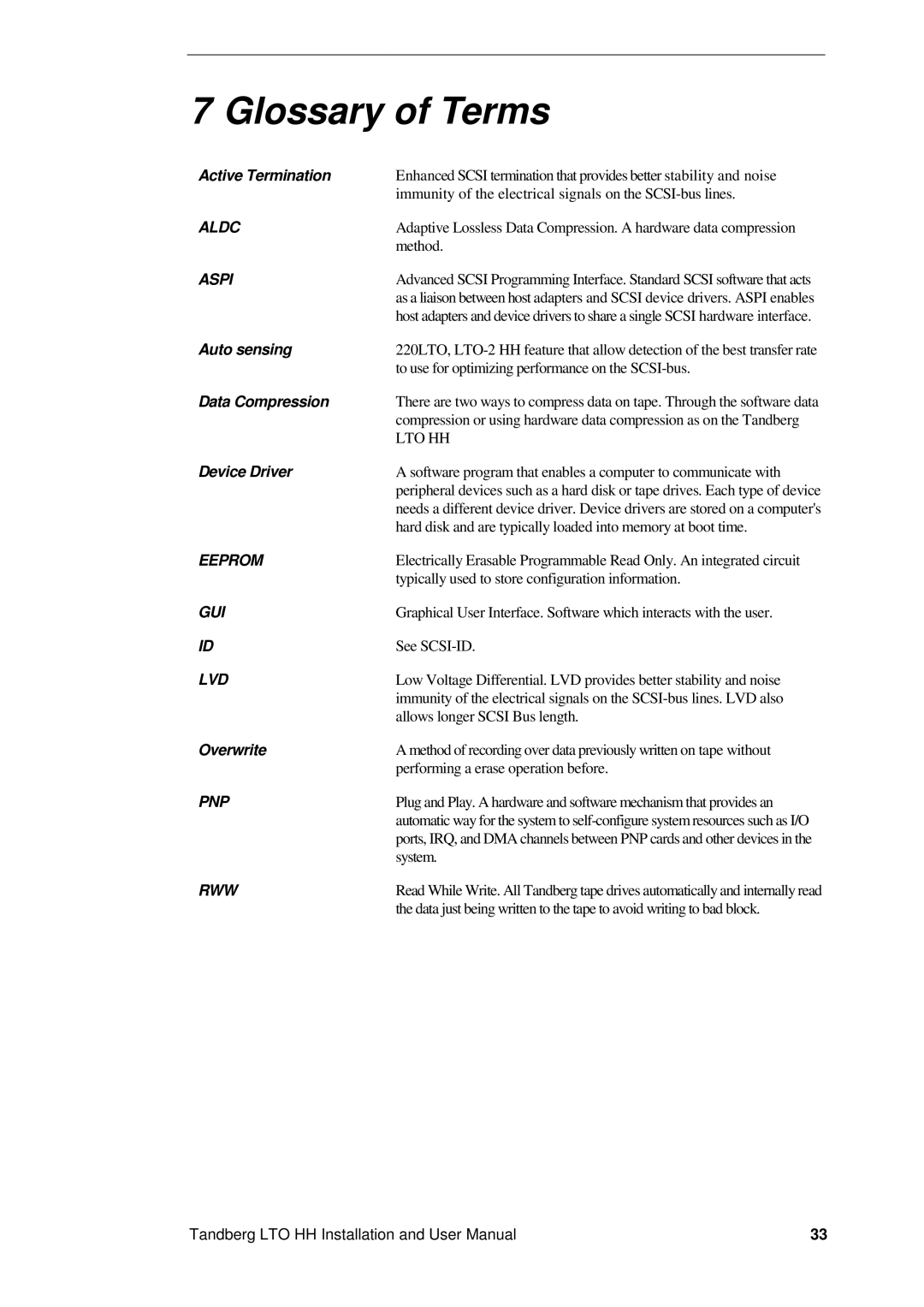 Tandberg Data LTO-2 HH, LTO-3 HH, LTO-1 HH user manual Glossary of Terms 