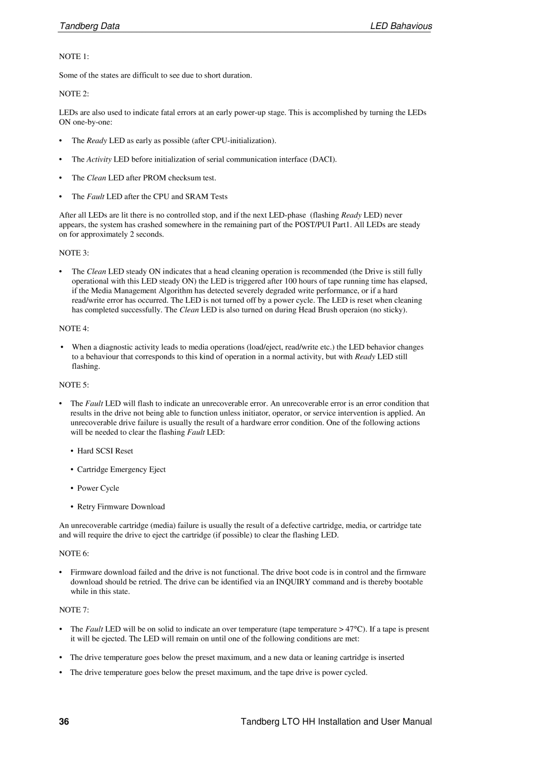 Tandberg Data LTO-2 HH, LTO-3 HH, LTO-1 HH user manual Tandberg Data LED Bahavious 