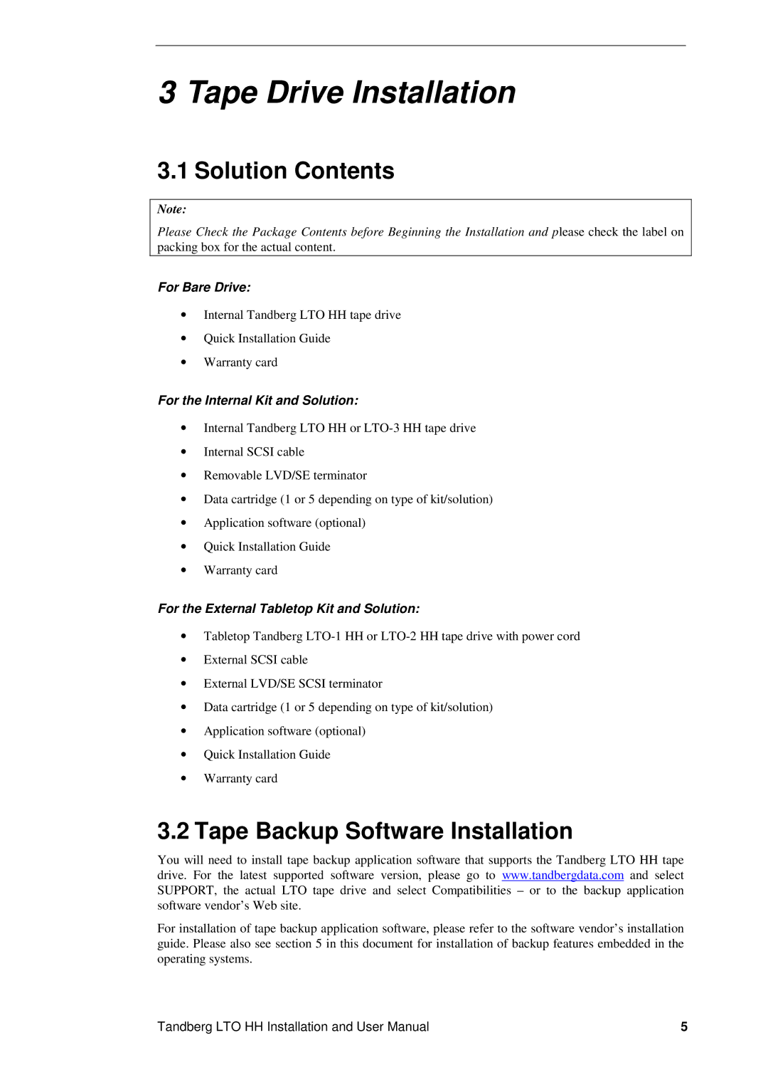 Tandberg Data LTO-3 HH, LTO-2 HH, LTO-1 HH Tape Drive Installation, Solution Contents, Tape Backup Software Installation 