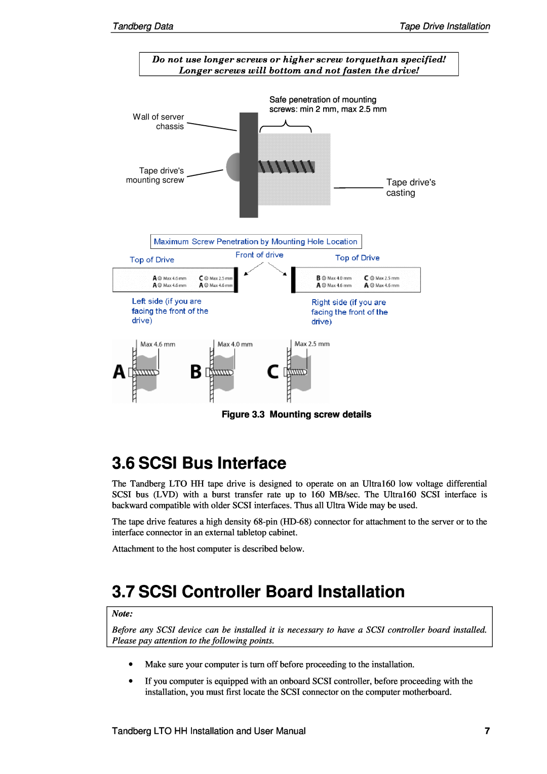 Tandberg Data LTO-1 HH SCSI Bus Interface, SCSI Controller Board Installation, 3 Mounting screw details, Tandberg Data 