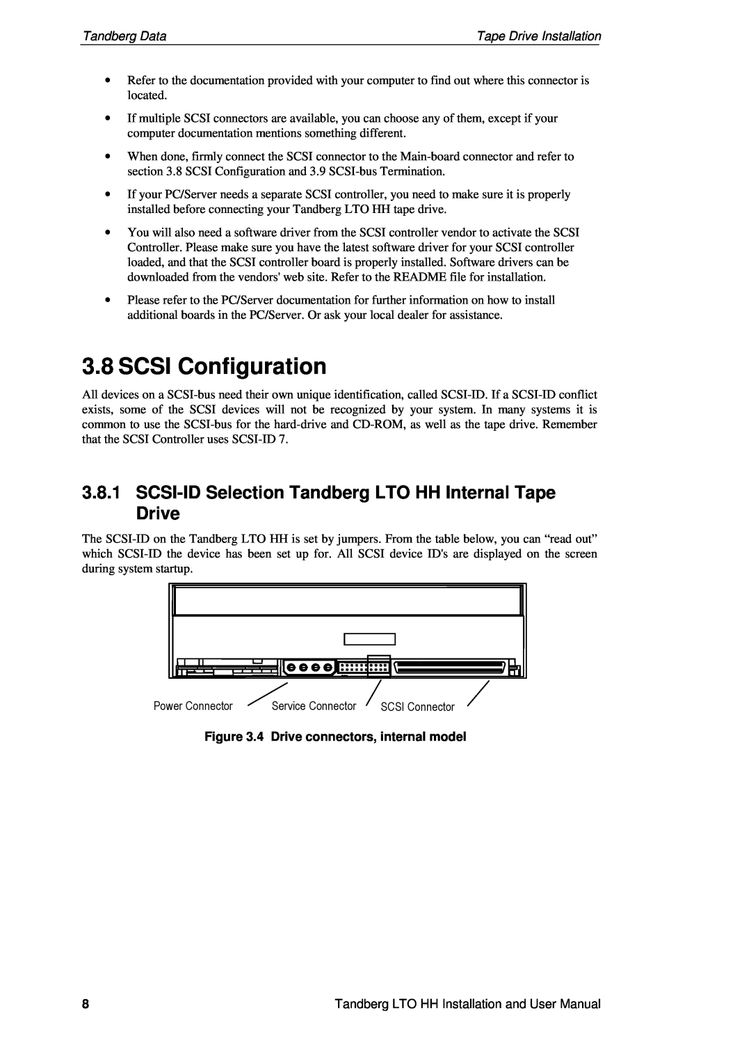 Tandberg Data LTO-3 HH SCSI Configuration, 4 Drive connectors, internal model, Tandberg Data, Tape Drive Installation 